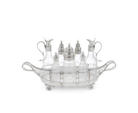 A George III silver two-handle cruet setRobert Hennell, London 1780 Elongated navette form with loop handles, bead rims, the 