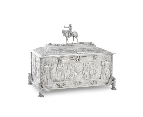 A German silver casket 'The Triumph of Napoleon'Hanau, circa 1900, marks only to base, crowned A, head, letter N Embossed rec