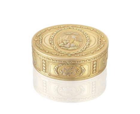 A Louis XVI vari-coloured gold snuff boxJean-Louis Desir, Paris 1776 The cover with a central panel of rustic trophies within