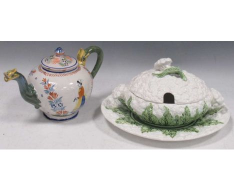 An Italian pottery tureen and cover modelled as a cauliflower 15 x 30 x 27cm; a Quimper teapot and cover 16cm high