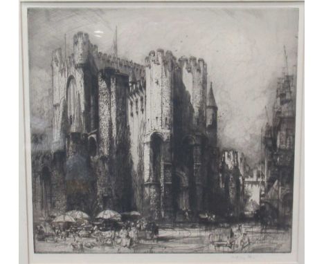 A group of eight architectural drypoint etchings, to include a market before a castle, signed indistinctly (lower right), 39 