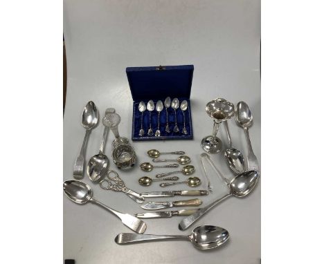 9 Irish silver tablespoons, together with a collection of English and continental silver flatware, a silver vase, a silver mo