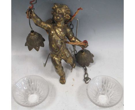 A bronze cherub hanging light with glass shades, approx 26cm high24.5cm head to foot. Wear to the exterior and the gilt. Shad