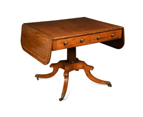 William IV mahogany and satinwood crossbanded sofa table,the rounded rectangular drop flap top over two real and two dummy dr