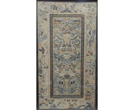 A Chinese silkwork panel with coloured and metal threads decorated with birds and foliage 63 x 34cm, together with a print of