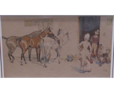 A group of three equestrian themed works, to include: a watercolour of horses at a stable, signed 'G.S.W' (lower right), 10 x