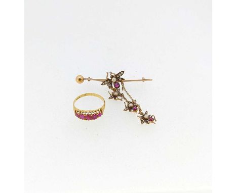 A synthetic ruby ring, worn hallmark for 18ct gold weight 2.9g, together with an insect brooch tested as 9ct gold weight 4.9g