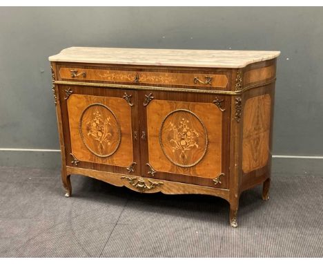 A French Transitional style marquetry commode with marble top and gilt metal mounts on short cabriole legs, 93 x 141 x 46cm