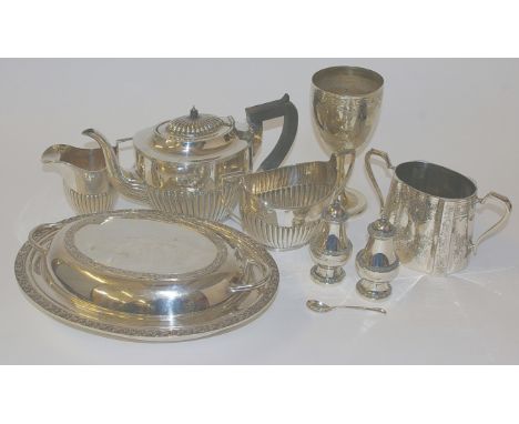 A silver plate tea service, tureen, and other silver plated table ware.