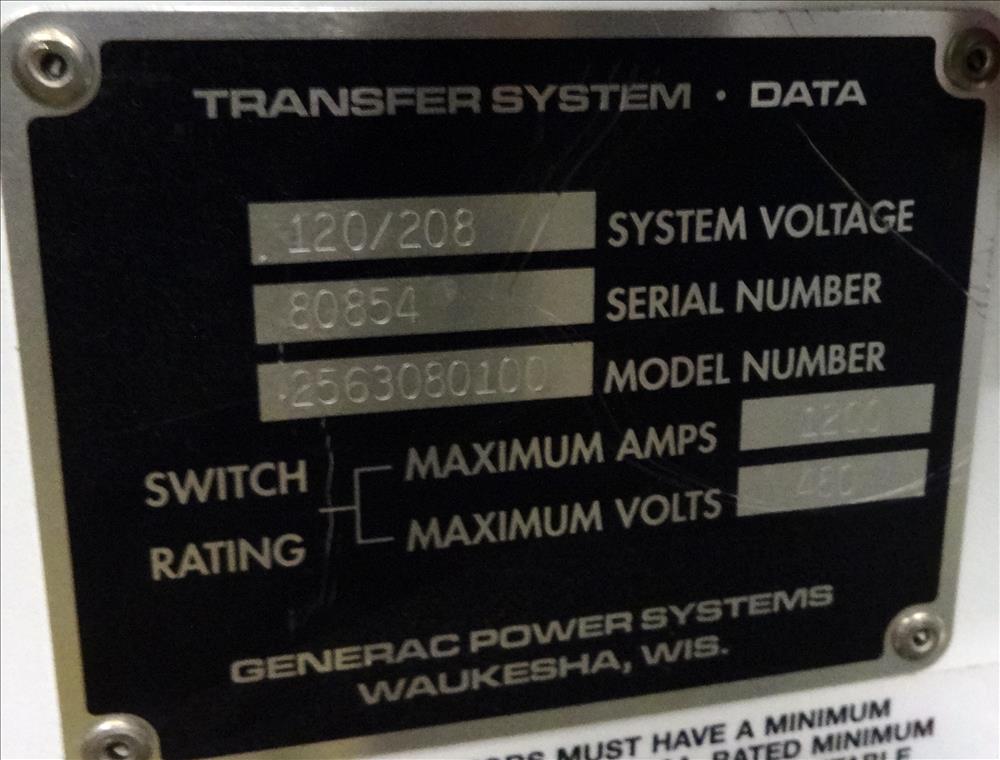 Generac Model 2563080100 ATS Automatic Transfer Switch, Serial Number