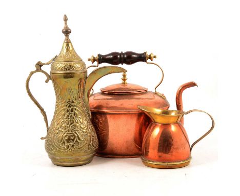 One box of copper and brasswares, to include a large pair of pan scales with weights; copper kettle etc