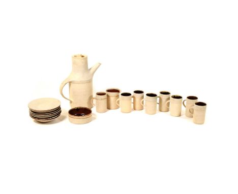 Studio stoneware coffee service by Ruth Duckworth, comprising a coffee pot, 23cm, milk jug, sugar bowl, eight cups and saucer