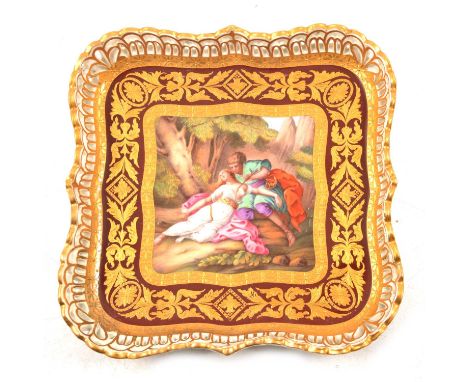 Royal Vienna hand-painted trinket dish, square form with raised pierced rim, the centre field painted with a Classical scene 