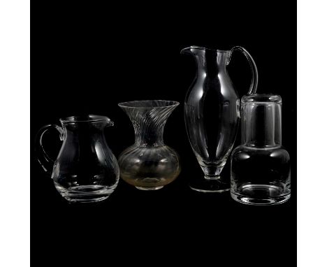 Two boxes of assorted glassware, to include a Dartington glass ewer, 27.5cm; a Dartington wrythen fluted, 17cm; fruit bowls; 
