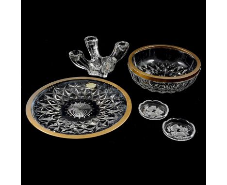 Val St Lambert - six wine glass coasters, each with frosted fruit decoration, signed, 9cm, boxed; two large shallow bowls, gi