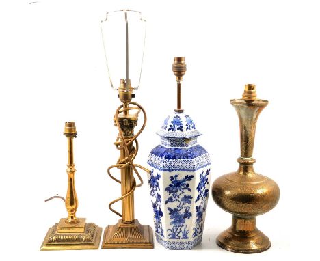 Nine assorted table lamps including five brass lamp bases, a Chinese vase converted to a lamp base, two pottery vase-shaped l