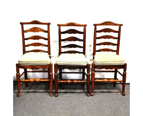 Matched set of ten elm and ash ladder back kitchen chairs, 19th Century, boarded seats wtih loose cushions, turned legs and r