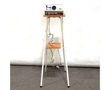 Gnome Supreme Deluxe R-F slide projector, a two-tier projector stand, and Dixons Atlantic projector screen.