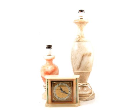 Elliott onyx and malachite Deco mantel clock, 14.5cm high, and four onyx lamp bases, vase forms, the tallest 50cm including f