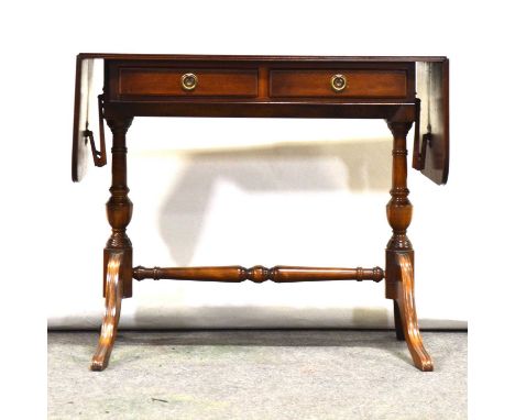 Mahogany sofa table, by Haselbech Oak, rounded drop-ends, two frieze drawers, turned supports and stretcher, length 84.5cm, d