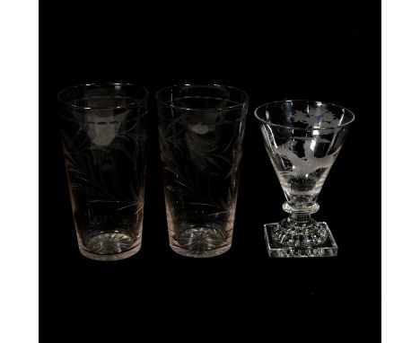 Rummer, conical bowl wheel engraved with a hunting scene, annulated knop, lemon squeezer foot, 14cm; and a pair of beer glass