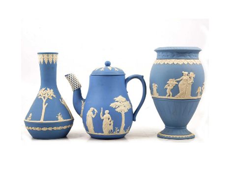 One box of Wedgwood mostly pale blue jasperware, to include a pair of pedestal bowls, fruit bowl, vases, coffee pot, trinket 