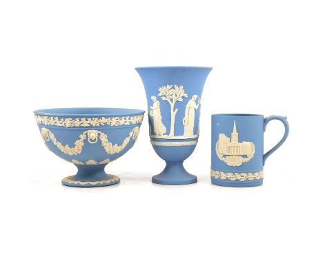 One box of Wedgwood pale blue jasperware items, to include Vine Bowl; Bountiful Vase, 23cm; Bacchus Vase; Cake Stand; All Sou