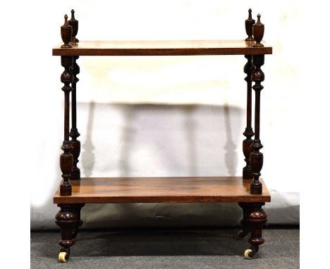 Victorian walnut whatnot, two shelves with turnred supports, on casters, 55x35cm, height 62cm.Condition report:Scratches and 