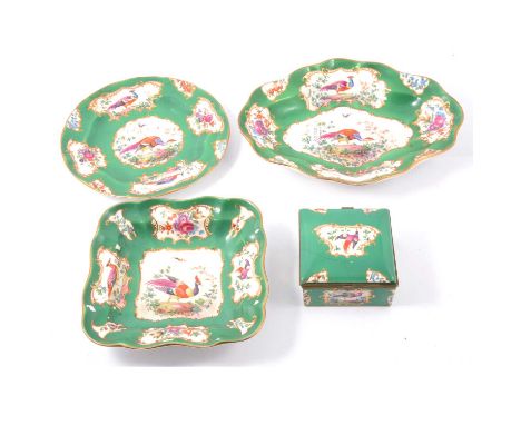 Booths’ Silicone China box, in the First Period Worcester style, green ground, width 11cm; a Booths’ part dessert service, de