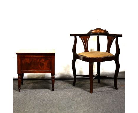 Edwardian mahogany corner chair. boxwood stringing, width 63cm, height 74cm, and a mahogany commode.Qty: 2Condition report:Th
