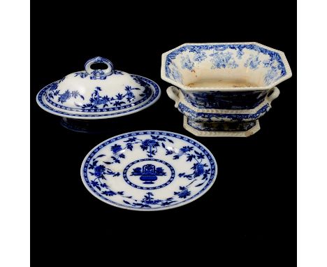 Minton opaque china transferware tureen, Chinese marine pattern, 27.5cm wide; pair of Minton 'Delft' pattern ironstone tureen