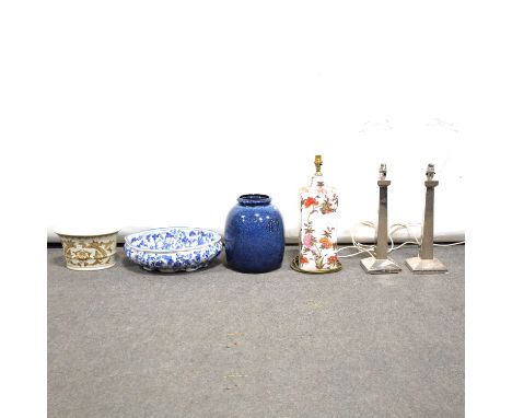 Pair of plated metal lamp bases, 43cm, ceramic lamp base, two vases and a bowl.