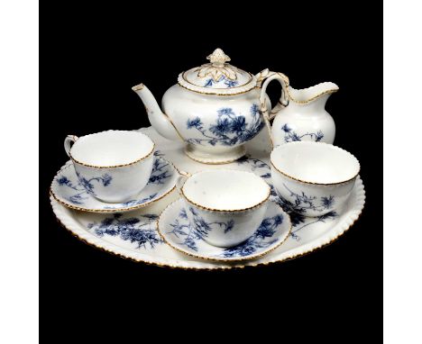 Royal Worcester cabaret set/ tea-for-two, blue transfer pattern against a white ground, gilt outlines, comprising teapot, mil