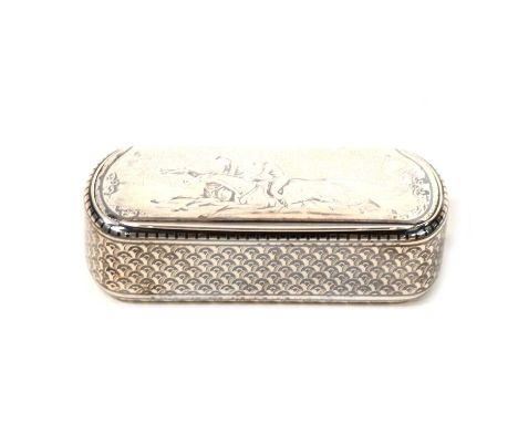 Continental silver and niello snuff box, Swedish import mark and numbered 249, oval, the lid decorated with a horse racing sc