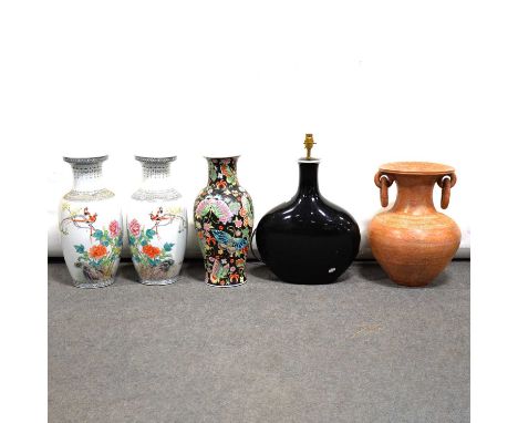 Large pair of Chinese porcelain vases, black transferred borders to the necks and shoulder, painted with birds amongst flower