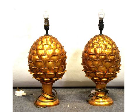 Pair of gilt composite Pineapple form lamp bases, 50cm high including fitments.Qty: 2