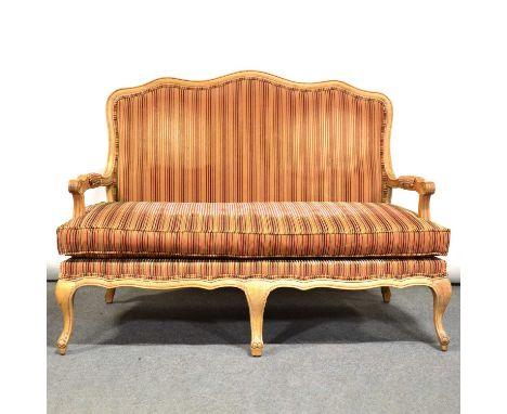 French style beech framed sofa, striped corduroy upholstery and seat cushion, scrolled arms, width 138cm, depth 80cm, height 