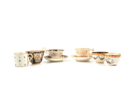 Small group of English hand-painted teawares, including Derby sylt cup and saucer painted with Hadley style roses, elaborate 
