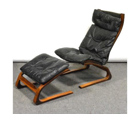 Early 1970s lounge chair and ottoman, attributed to Rykken & Co, Norway, bentwood and rosewood veneer, black leather cushions