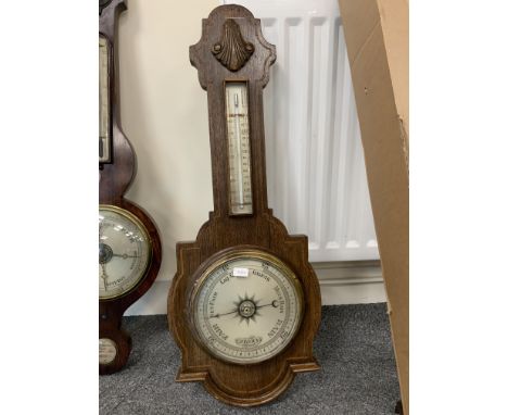 VICTORIAN OAK BAROMETER WITH THERMOMETER