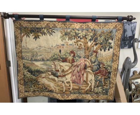 TAPESTRY WALL HANGING WITH MAHOGANY POLE.&nbsp;
APPROX DIMENSIONS 47” X 36”