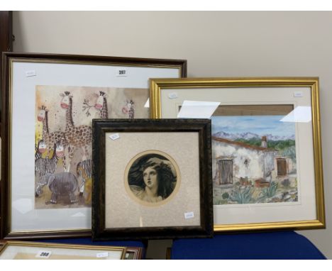 WATERCOLOUR OF SPANISH FINCA TOGETHER WITH PRINT OF GIRAFFE AND PORTRAIT OF A GIRL