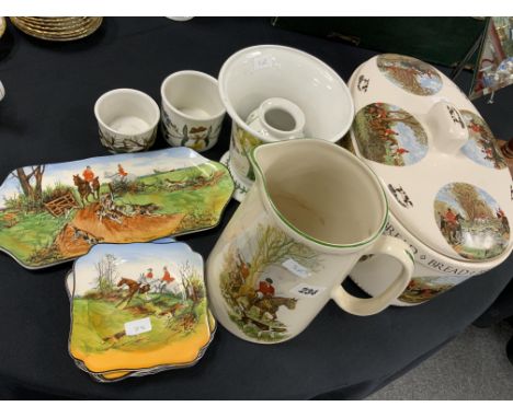 PORTMEIRION VASE, HUNTING SCENE POTTERY PORTMEIRION VASE, HUNING SCENE POTTERY, CROWN DUCAL SANDWICH SET WITH HUNTING SCENE