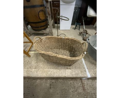 VINTAGE WICKER BASKET TOGETHER WITH  WICKER SHOPPING BASKET AND FORTNUM &amp; MASON WOODEN BOTTLE CASE