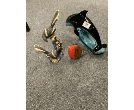 POOLE FIGURE OF A DOLPHIN, GLASS PAPERWEIGHT OF A ROBIN,  FIGURE OF A BIRD
