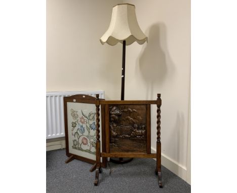 EMBROIDERED FIRE SCREEN TOGETHER WITH AN EDWARDIAN FIRESCREEN WITH COOPER PANEL &amp; STANDARD LAMP
