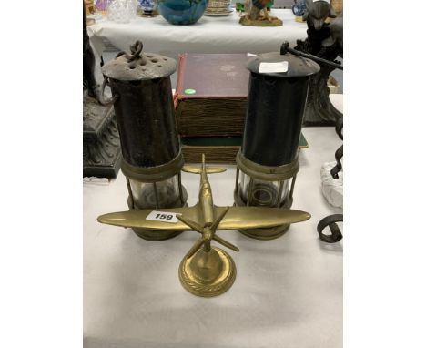 BRASS MODEL OF A SPITFIRE PLUS 2 GENUINE MINERS LAMPS