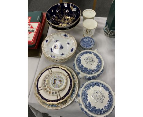 2 MODERN COALPORT BOWLS, COALPORT COMMEMORATIVE VASES, 18TH C BLUE AND WHITE SAUCERS, VICTORIAN CHINA APROX 20 ITEMS
