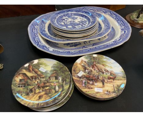 COLLECTION OF 1900C BLUE &amp; WHITE WILLOW PATTERN MEAT DISHES &amp; DINNER PLATES
BRBR
TOGETHER WITH A COLLECTION OF WEDGEW