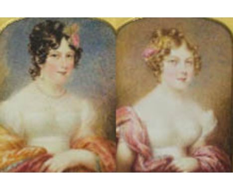 Early 19th Century School - Pair of portrait miniatures (thought to be on ivory) - Portraits on young women, each 9cm x 9.5cm